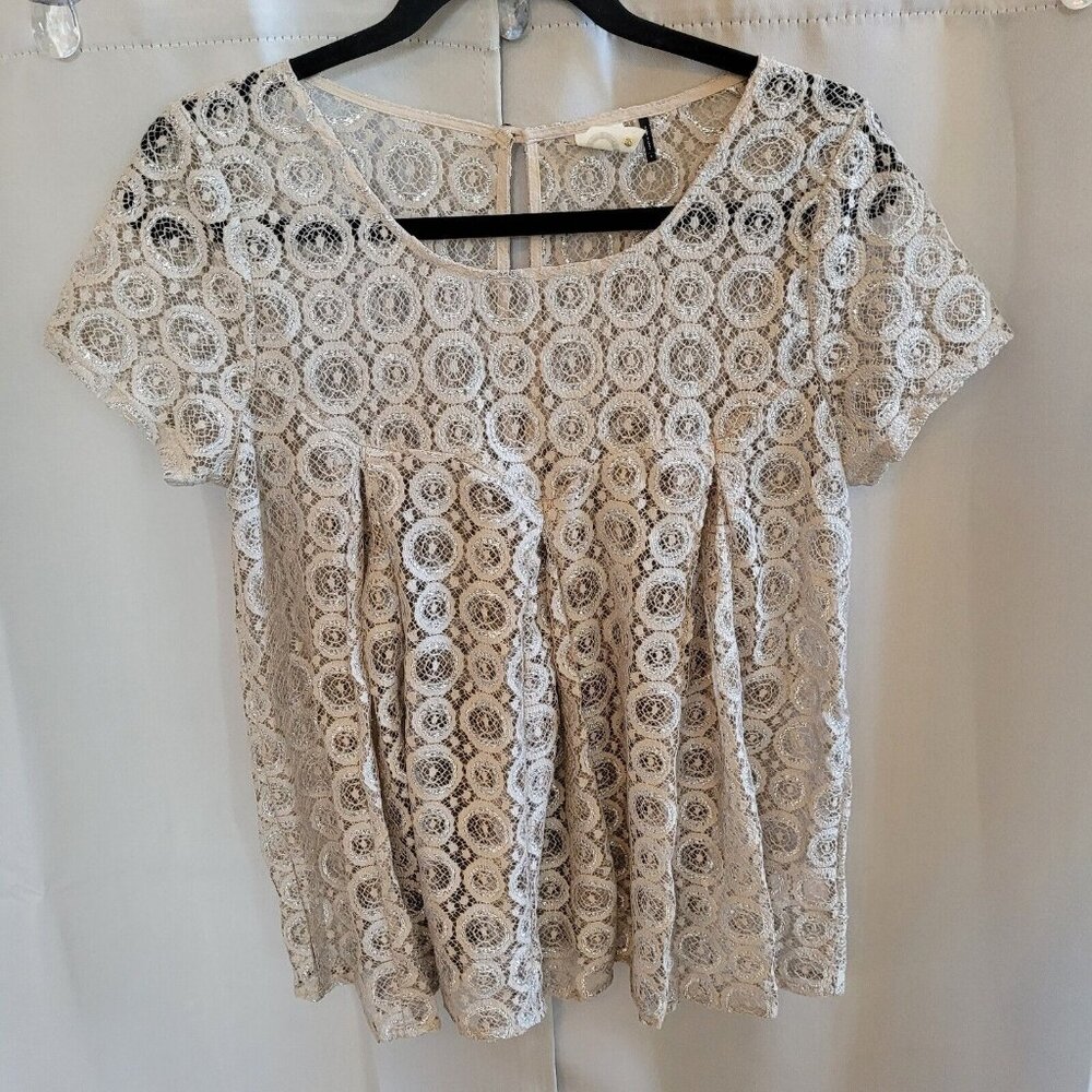 ANthropologie Akemi Kin Top Small Cream Lyra Lace Metallic Silver Coquette 16585